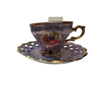 Royal Crown Porcelain Tea Cup Saucer Set Purple Gold Filigree Hand Painted Scene